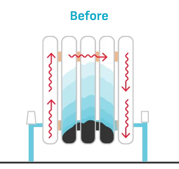 Before power flushing showing sludge and debris blocking radiator